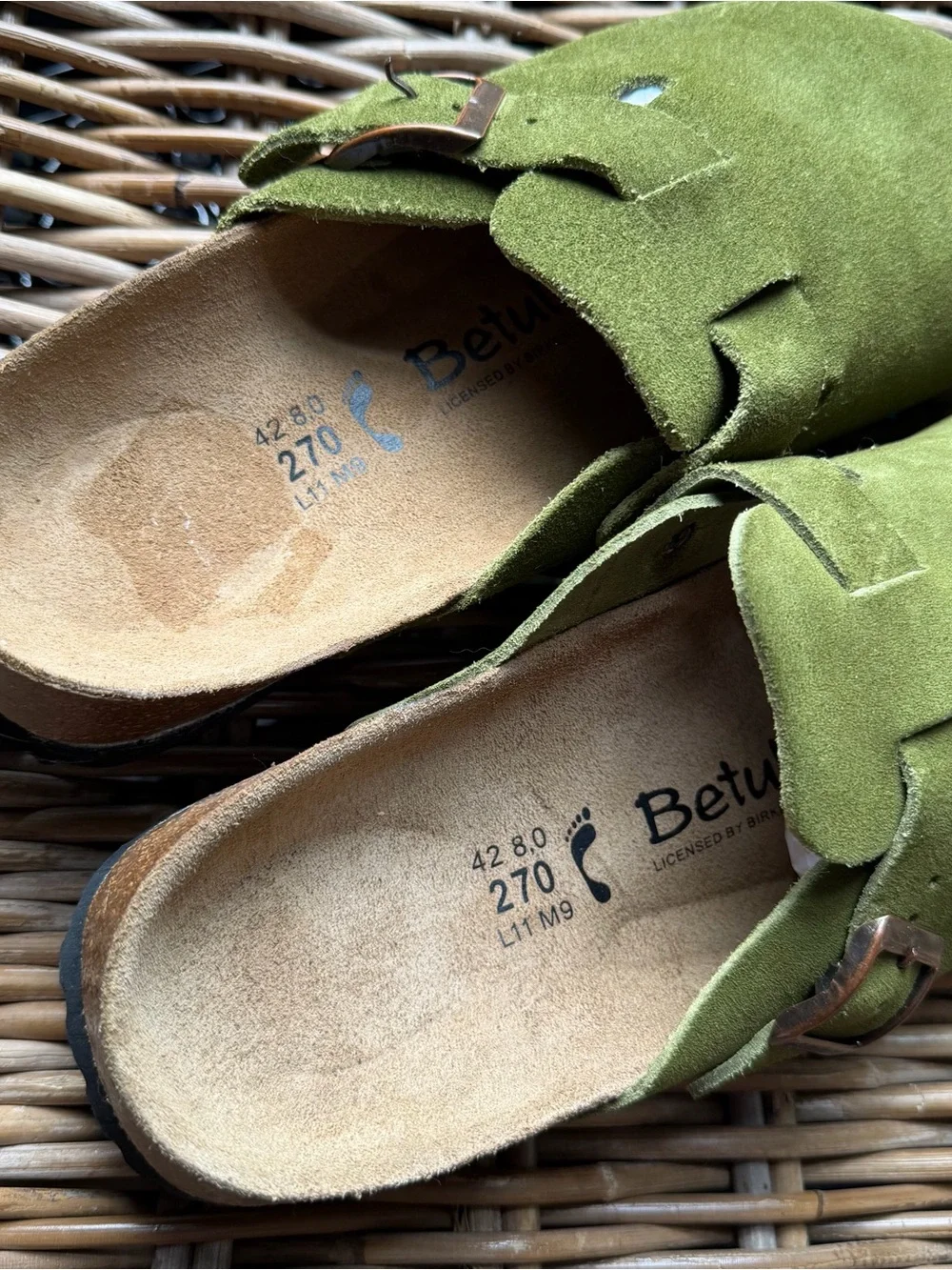 New Betula Birkenstock Boston Men's Green Suede Buckle Sandals 42 EU 9 US Clog